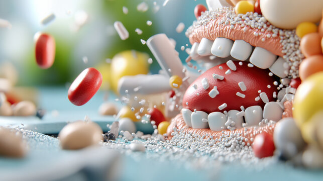 playful 3D illustration of mouth consuming various colorful pills and capsules, with focus on dynamic motion and vibrant colors, creating surreal and energetic scene - Powered by Adobe