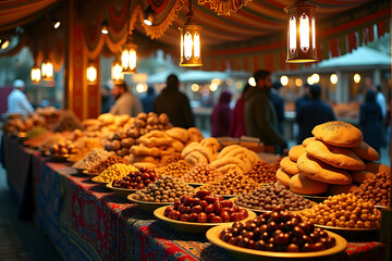 Experience the rich atmosphere of a Ramadan market with this warmly lit stall overflowing with vibrant foods, traditional snacks and decorative lanterns creating a festive scene