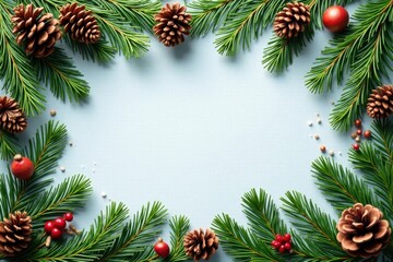 Fir branches adorned with pine cones in a rustic winter border, pine, fir, rustic