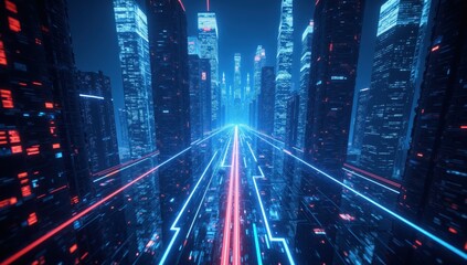 Futuristic cityscape with glowing digital pathways in skyscrapers
