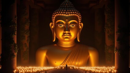 Serene Golden Buddha Statue in Ancient Temple with Candlelight