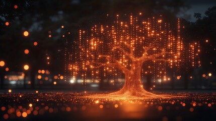 An abstract digital tree with glowing binary leaves on a dark tech background, symbolizing tech-driven business ideas.