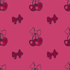 Seamless vector pattern with doodle cherries and bows. Perfect print for card, label, textile, fabric, paper. Hand drawn illustration.