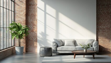 Modern loft living room with brick walls and large windows.  Sunlight streams in, highlighting the neutral color scheme