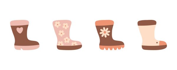 Hand drawn rubber rain boots clipart collection. Perfect for poster, card, label, sticker. Retro style vector illustrations for decor and design.
