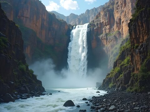 Waterfall in a Rocky Canyon: A dramatic waterfall crashing down the rugged cliffs of a deep canyon, carving its way through ancient rock formations.