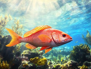 Naklejka premium Red Snapper Swimming Above Coral Reef with Sun Rays Shining Through