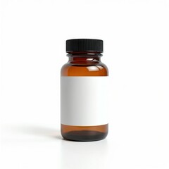 Amber glass vitamin bottle with blank label on white background. Brown cosmetic container, brown medicine vial, pharmaceutical product mockup. Ideal for supplements, medicine, healthcare products.