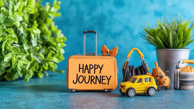 A vibrant arrangement featuring a miniature orange suitcase with 'HAPPY JOURNEY' text, symbolizing adventure and travel.
