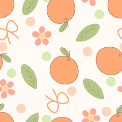 Vector seamless pattern with fruits, flower, leaf, orange and polka dot background vector