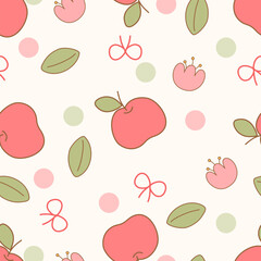 Vector seamless pattern with fruits, flower, leaf, apple and polka dot background vector