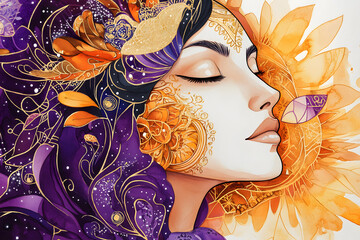 Serene Goddess Cradles a Luminous Cosmos – Abstract Watercolor with Gold Henna Patterns