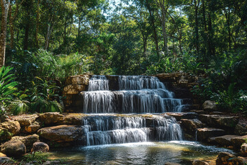 Obraz premium A forest clearing with a small waterfall cascading down a rocky outcrop into a serene pool surrounded by lush vegetation.