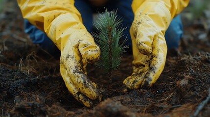 A young tree sapling being handed over by hands covered in gardening gloves, with a scenic countryside behind.