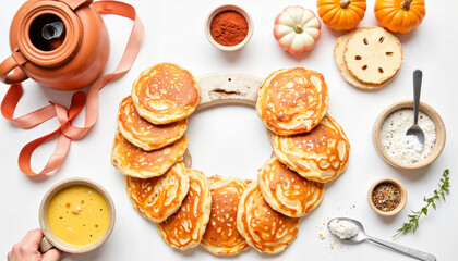 Pancakes, spices, and fall decor on a white table  
