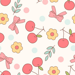 Vector seamless pattern with fruits, flower, leaf, cherry and polka dot background vector
