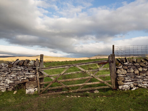 Rustic Wooden Gate in a Peaceful Stone-Walled Countryside Landscape