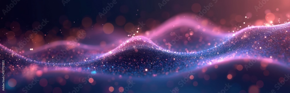 Aufkleber Abstract digital particles wave with bokeh light background. Line wave dot background. Line light glowing effect particular background. Tech, futuristic design. Data stream, communication concept.