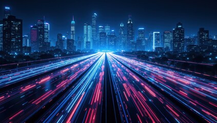 Futuristic Cyber Highway with Streams of Digital Data in Cityscape