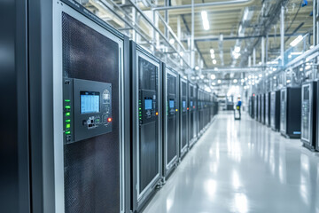 High tech factory interior with rows of electric vehicle battery production equipment, showcasing clean and organized environment