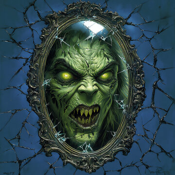 the green goblin's distorted face reflected in a shattered mirror.