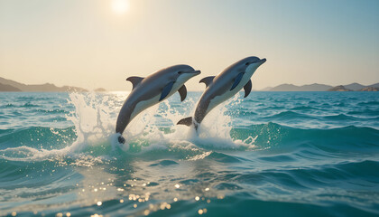 Fototapeta premium Dolphins jumping ocean sea marine life aquatic mammal wildlife nature travel vacation tourism adventure 100