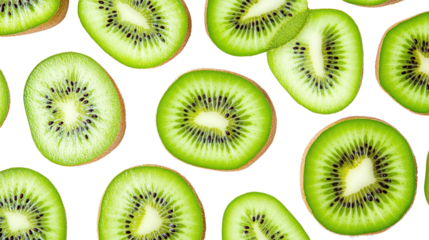 Fresh sliced kiwi fruit with vibrant green background and seamless pattern