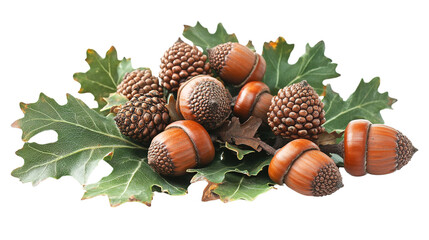 Closeup of acorns, oak leaves, and pine cones with fresh autumn elements in a natural forest setting