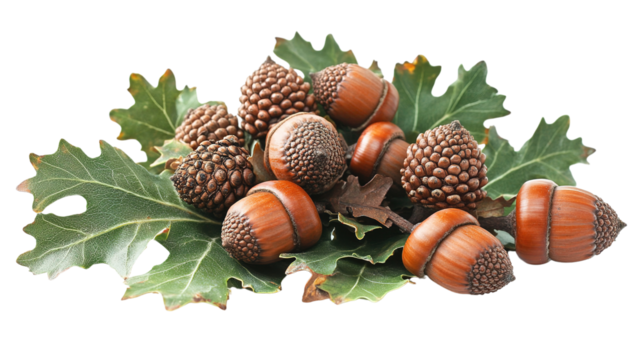 Closeup of acorns, oak leaves, and pine cones with fresh autumn elements in a natural forest setting