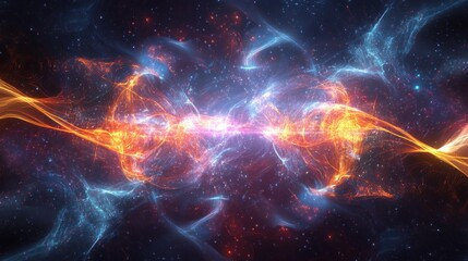 Fototapeta premium Cosmic energy streams collide in a vibrant nebula. Abstract space background with swirling, luminous energy formations