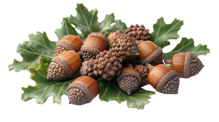 Closeup of acorns, oak leaves, and pine cones with fresh autumn elements in a natural forest setting