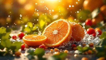 Fresh Oranges with Water Splash and Greenery on Sunny Background
