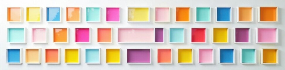Fototapeta premium Grid of small colorful glass frames with various sizes and shapes on a white wall, white wall, frames