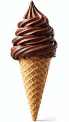 Swirled soft serve chocolate ice cream cone. Tasty dessert, refreshing treat. Brown creamy, milky sweet product on white background. Summer refreshment. Food macro.