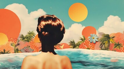 Surreal retro video concept with a low-angle view of a woman in colorful sunglasses, surrounded by tropical elements and vibrant skies.