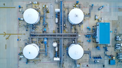Aerial drone shot showcasing the intricate fuel logistics infrastructure at an airport featuring large storage tanks pipelines and distribution equipment