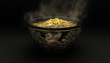 A steaming bowl of ramen with intricate toppings arranged beautifully. Generative AI.