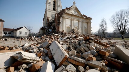 A historic church or other landmark building heavily damaged and in ruins following a powerful earthquake with debris and rubble scattered across the surrounding area