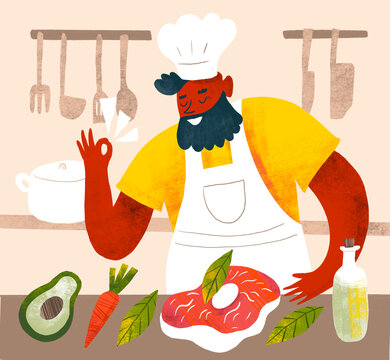 Chef preparing fresh ingredients in a colorful kitchen scene