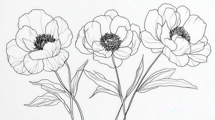 Elegant Line Art Peony Flowers