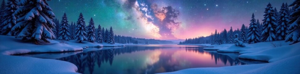 Milky Way reflected in frozen lake amidst snow-covered pine trees at morning, snow, forest