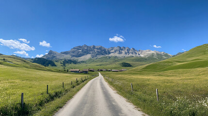 Naklejka premium Scenic mountain road leading to a village nestled in a green valley under a clear blue sky.