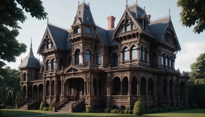 Grand Victorian Mansion Exterior Dark Wood Daytime