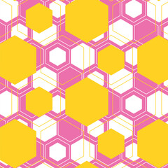 Abstract Style Hexagon in Yellow and White Scattered over the Pink Background, Maximalist Flat Background