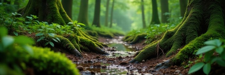 Obraz premium Muddy forest floor with overgrown vegetation and moss-covered tree roots, mossy, wilderness, rugged