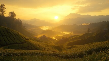 Sunrise over Misty Tea Plantation Hills