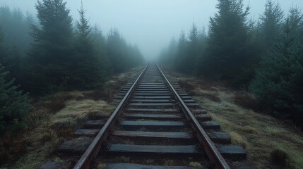 Fototapeta premium Mysterious railway path through dense forest shrouded in heavy fog, leading to vanishing point