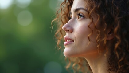 Fototapeta premium Young woman with curly hair looks upwards. Face profile of a female has a thoughtful expression. Happy girl thinks about ideas. Natural beauty portrait. New concept.