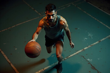 Intense overhead shot of a muscular athlete dribbling a basketball on a court, showcasing determination and skill in dramatic lighting conditions, high contrast