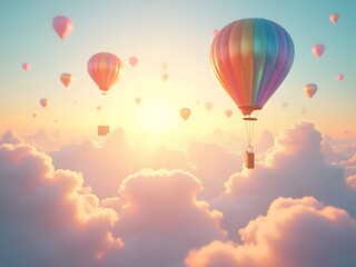 Fototapeta premium Rainbow Balloons Floating in the Sky: A dreamy background with a sky full of floating rainbow balloons, softly illuminated by golden sunlight, symbolizing freedom and love.
